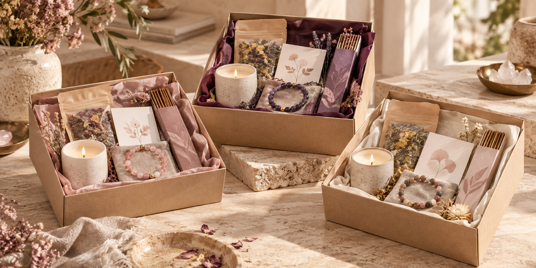 Coffrets cadeaux bien-être avec bougie, infusion, encens et bracelet – ACHAIAH