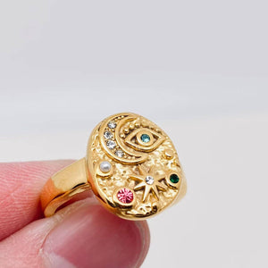 Bague avec étoile, lune et œil en zircone cubique colorée - FGS/MS