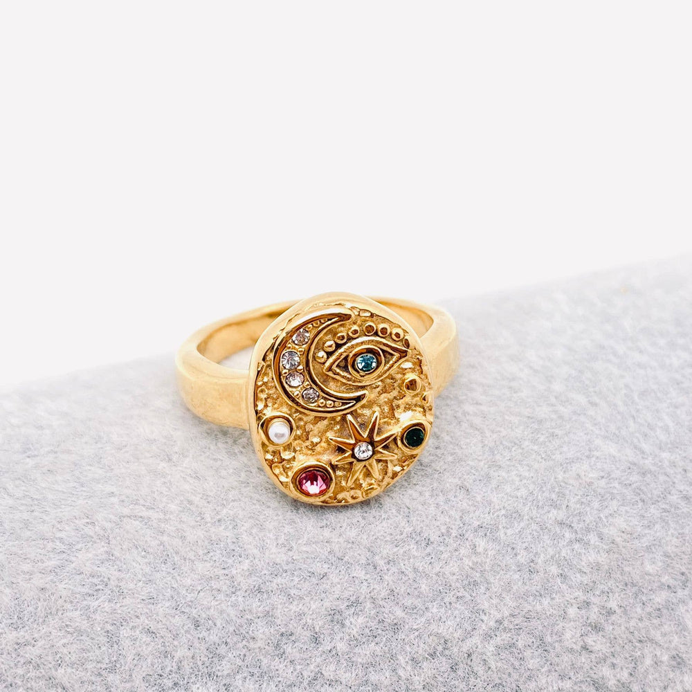 Bague avec étoile, lune et œil en zircone cubique colorée - FGS/MS