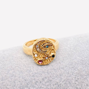 Bague avec étoile, lune et œil en zircone cubique colorée - FGS/MS