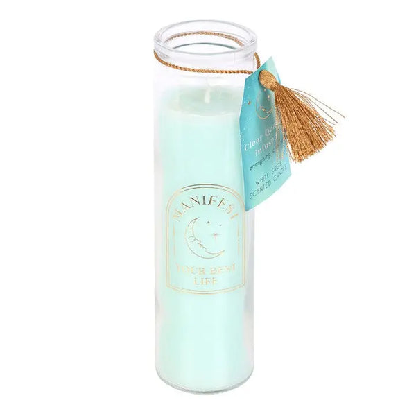 Bougie en tube de sauge blanche avec cristaux de quartz clair