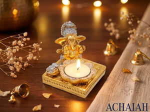Bougeoir Ganesh en résine dorée décoration spirituelle résine Boutique Achaiah