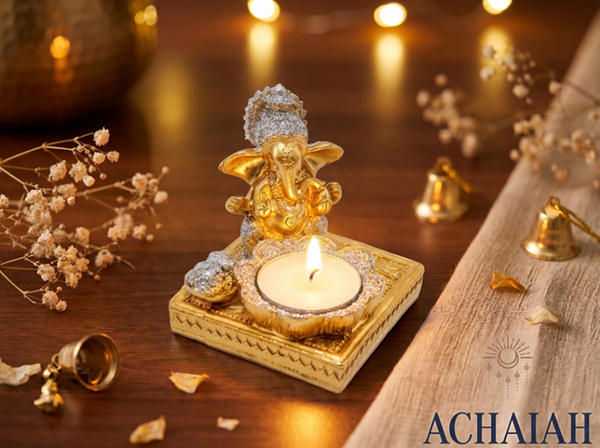 Bougeoir Ganesh en résine dorée décoration spirituelle résine Boutique Achaiah