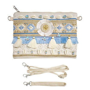 Pochette de plage boho-chic méditerranéenne bleu azur avec coquillages