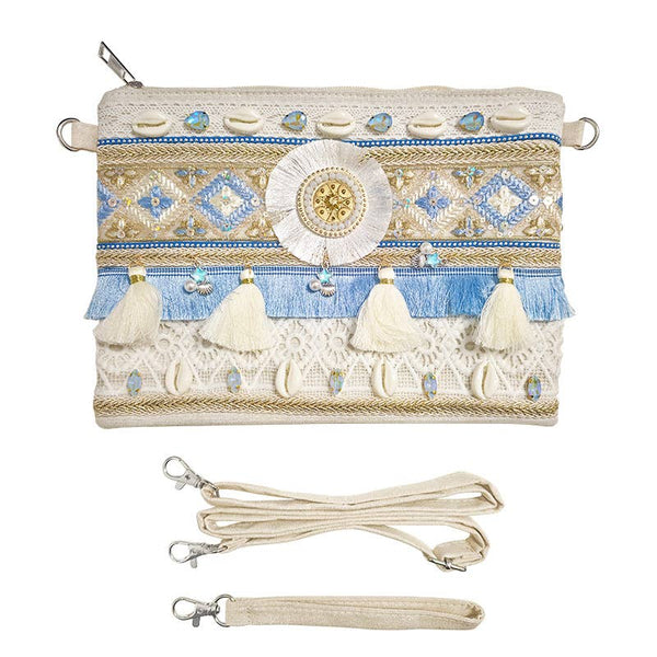 Pochette de plage boho-chic méditerranéenne bleu azur avec coquillages