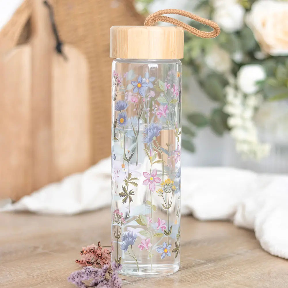 Bouteille d'eau en verre à imprimé floral bien-être spiritualité Boutique Achaiah
