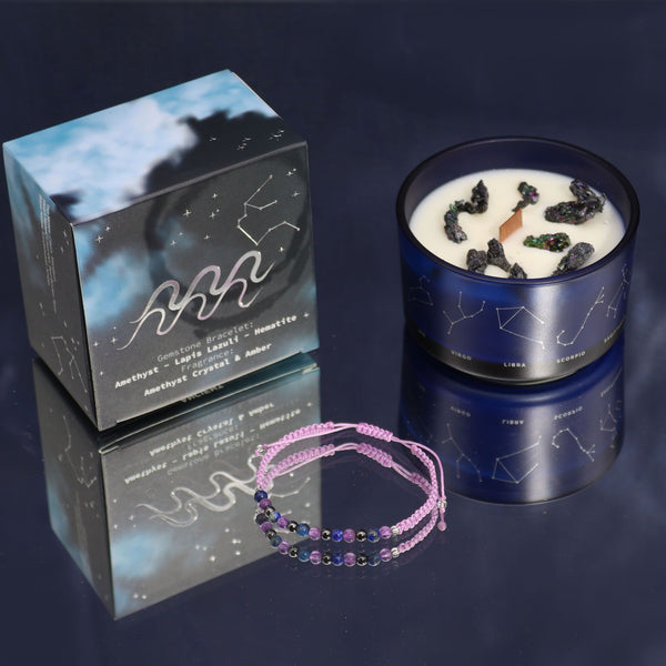 Bougie astrologique Verseau avec bracelet en pierres