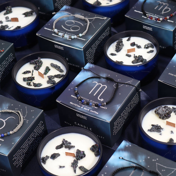 Bougie astrologique Capricorne avec bracelet en pierres