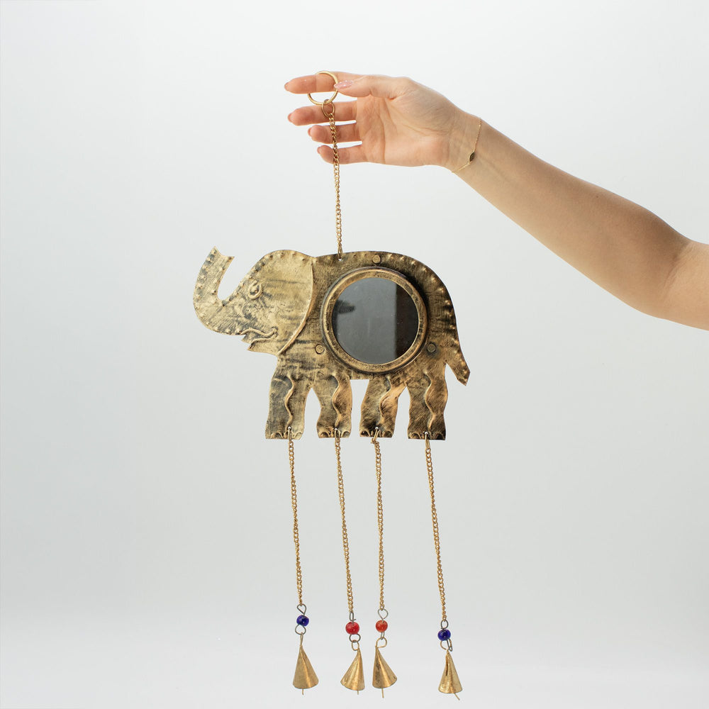 Carillon indien Éléphant avec miroir – 4 clochettes, 24 × 60 cm – photo principale