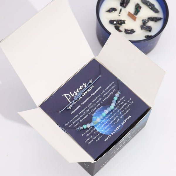 Bougie astrologique Poissons avec bracelet en pierres