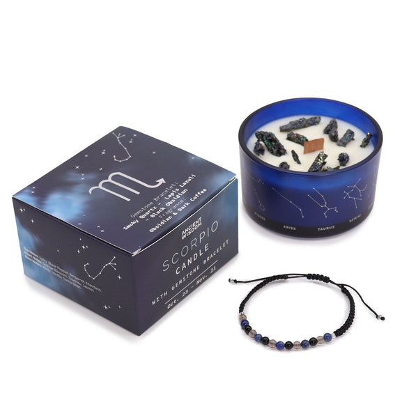 Bougie astrologique Scorpion avec bracelet en pierres