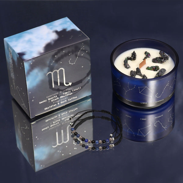 Bougie astrologique Scorpion avec bracelet en pierres