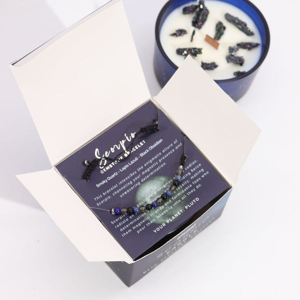 Bougie astrologique Scorpion avec bracelet en pierres