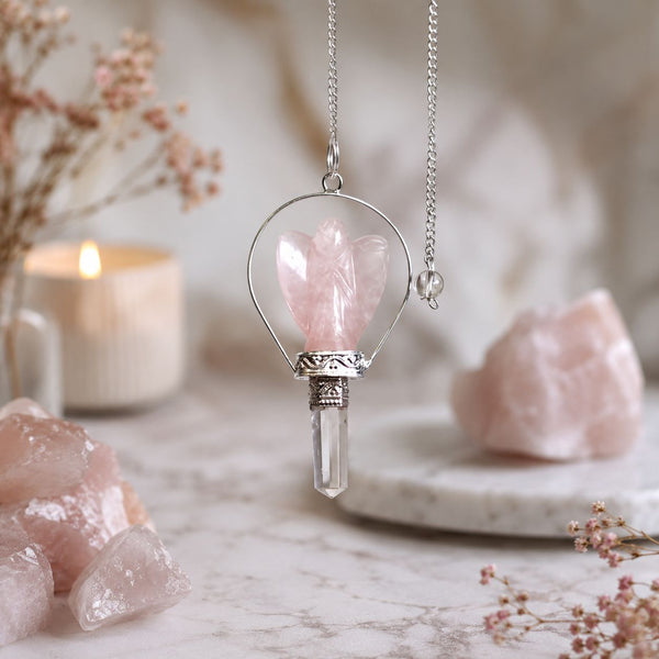 Pendule ange avec anneau – Quartz rose