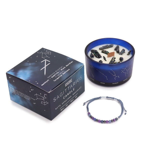 Bougie astrologique Sagittaire avec bracelet en pierres