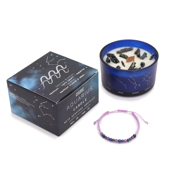 Bougie astrologique Verseau avec bracelet en pierres