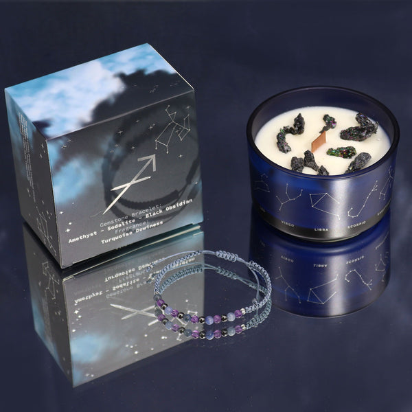 Bougie astrologique Sagittaire avec bracelet en pierres