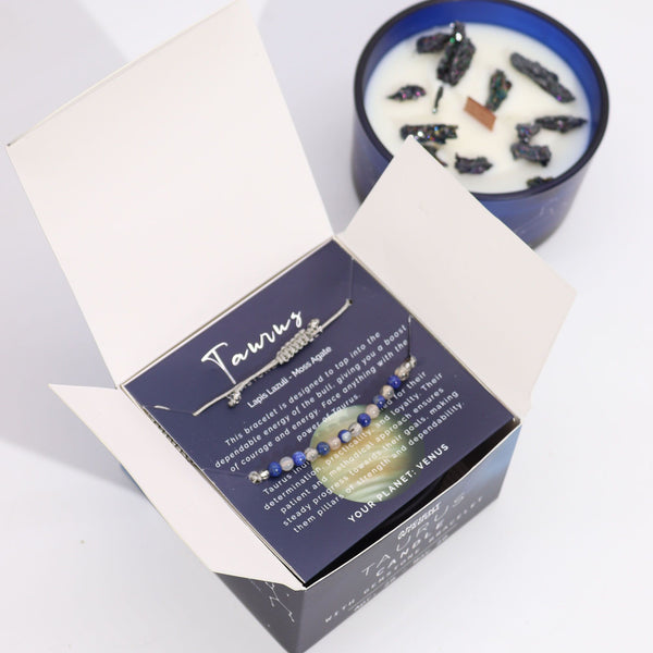 Bougie astrologique Taureau avec bracelet en pierres
