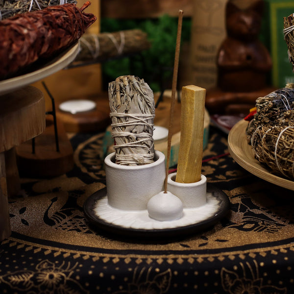 Porte Palo Santo en céramique – Mandala blanc et gris