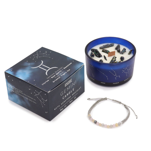 Bougie astrologique Gémeaux avec bracelet en pierres