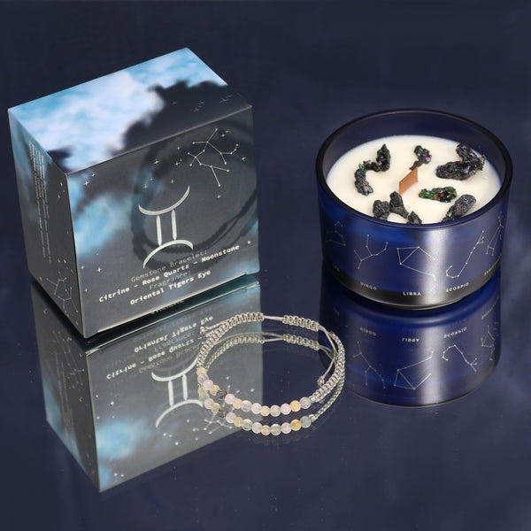Bougie astrologique Gémeaux avec bracelet en pierres