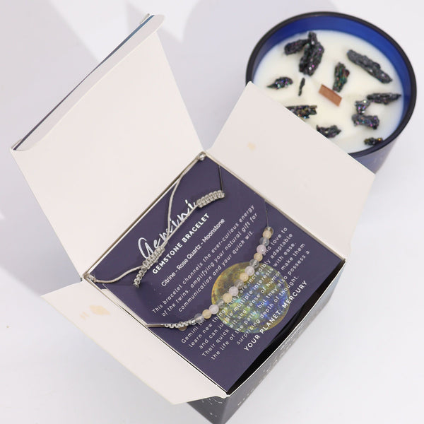 Bougie astrologique Gémeaux avec bracelet en pierres