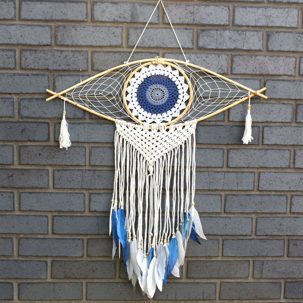 Protection Dream Cather - Lrg Macrame Eye White/ Blue/Grey