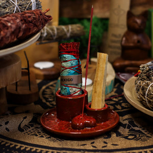 Porte Palo Santo en céramique – Mandala rouge et cœur