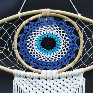 Grand attrape-rêves macramé Œil protecteur – Bleu, blanc et noir