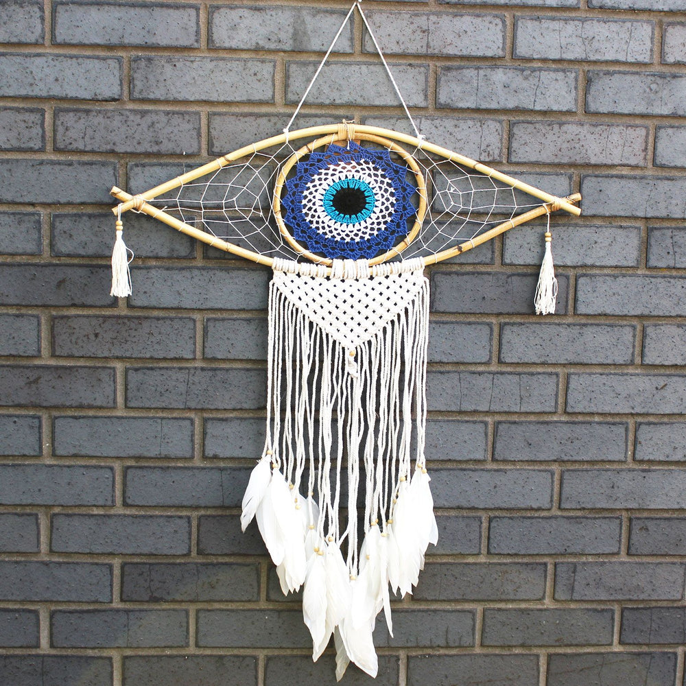 Grand attrape-rêves macramé Œil protecteur – Bleu, blanc et noir – photo principale