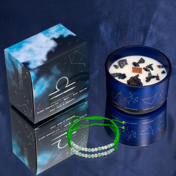 Bougie astrologique Balance avec bracelet en pierres
