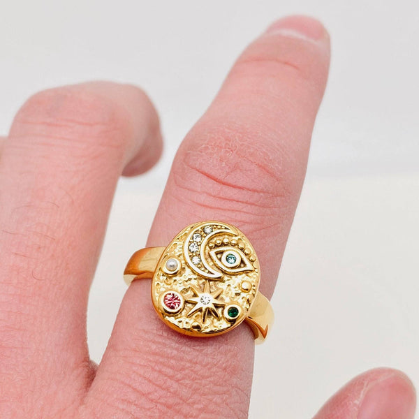 Bague avec étoile, lune et œil en zircone cubique colorée - FGS/MS