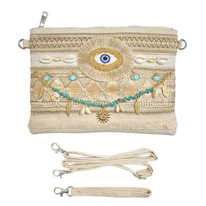 Pochette de plage boho-chic avec œil porte-bonheur et coquillages
