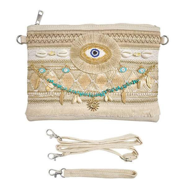 Pochette de plage boho-chic avec œil porte-bonheur et coquillages